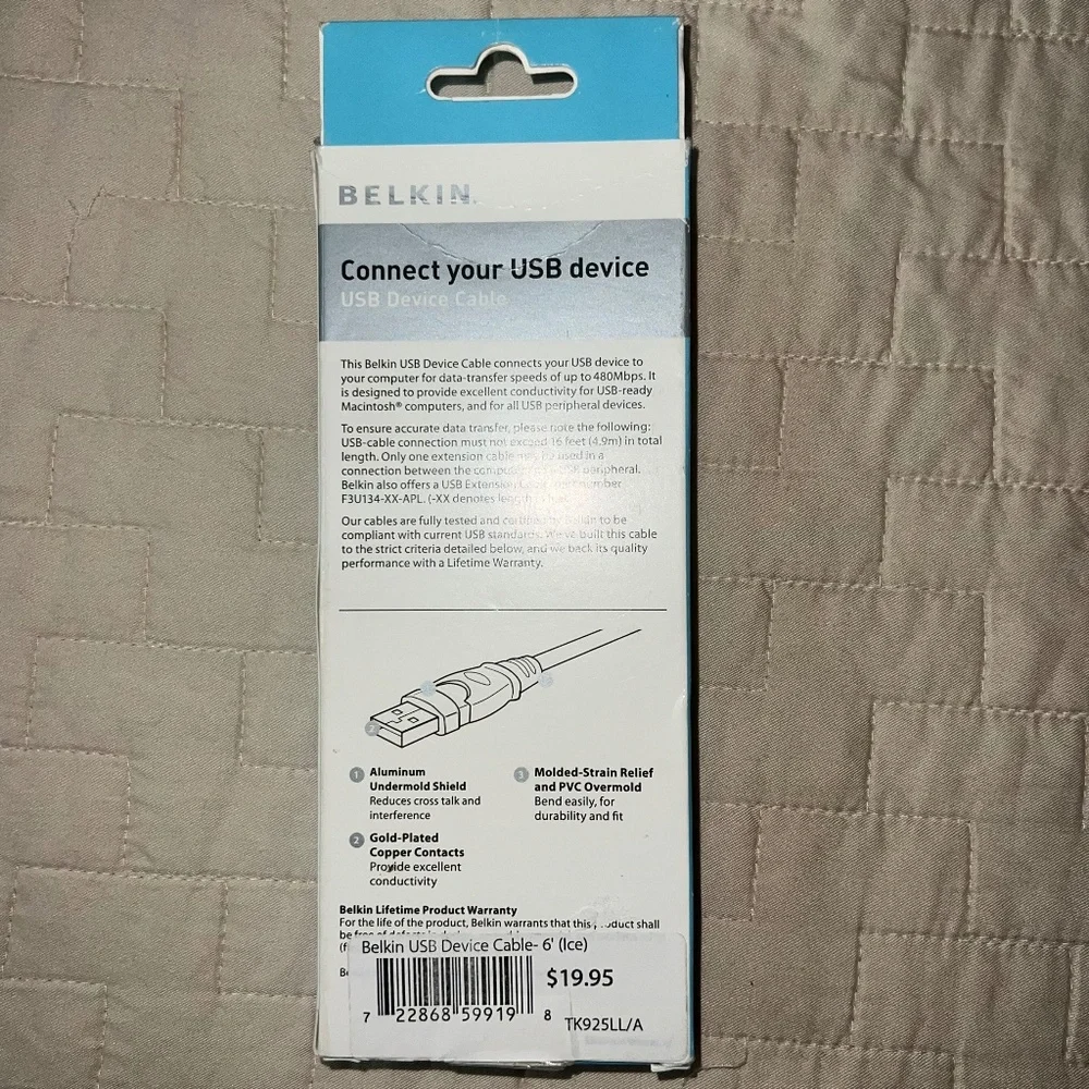 6 Ft. Belkin USB Device Cable NEW! Computer Printer A Plug/ B Plug
